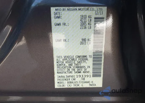 2014 Nissan Altima 2.5 Sv from USA, damaged, VIN 1N4AL3APXEC193391